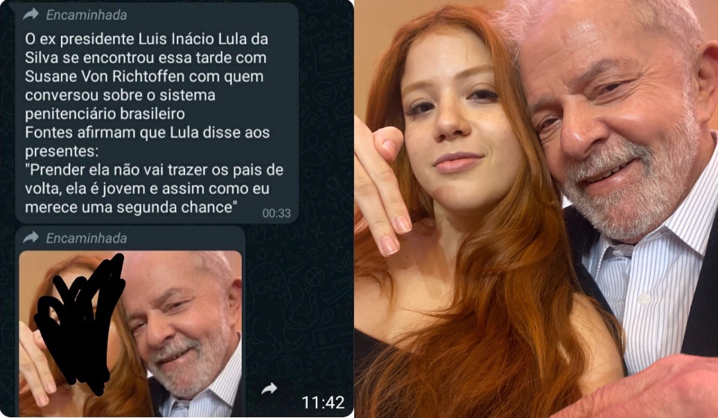 A foto original de Lula com Laura Sabino, e uma fake news compartilhada nas redes sociais