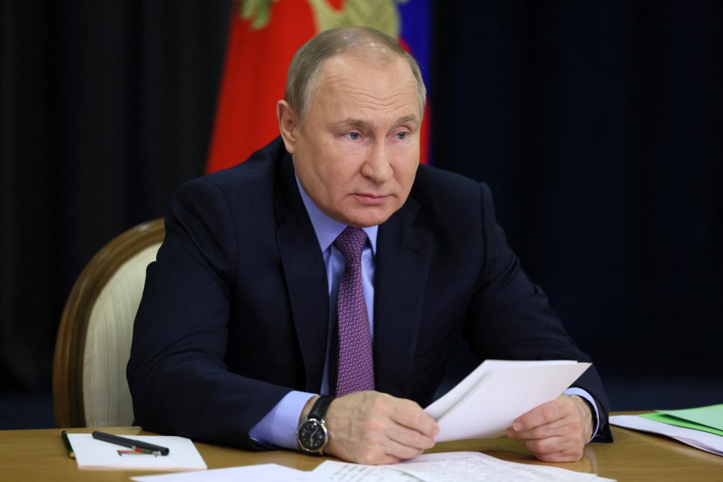 Russian President Vladimir Putin chairs a meeting on transport complex development via a video link at the Bocharov Ruchei residence in the Black Sea resort city of Sochi on May 24, 2022. (Photo by Mikhail Metzel / SPUTNIK / AFP)