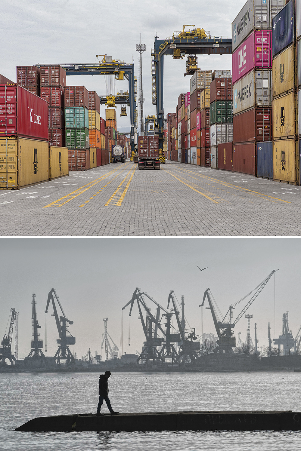 EFEITOS GLOBAIS - Portos de Santos e de Mariupol, no Mar Negro: gargalos decorrentes da pandemia e da guerra na Ucrânia afetaram o comércio marítimo -