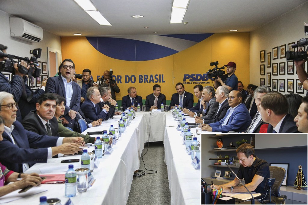 LADOS OPOSTOS - Dirigentes tucanos, em Brasília, e João Doria, em São Paulo: o partido quer a desistência do ex-governador, mas a queda de braço pode se arrastar até a convenção da sigla -
