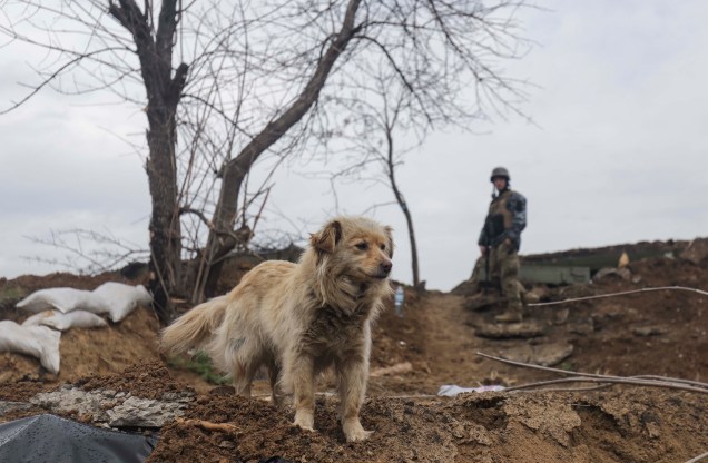 Um militar ucraniano com um cachorro em posição, entre as áreas de Luhansk e Donetsk, Ucrânia, 18 de abril de 2022, em meio ao aumento da atividade das tropas russas.