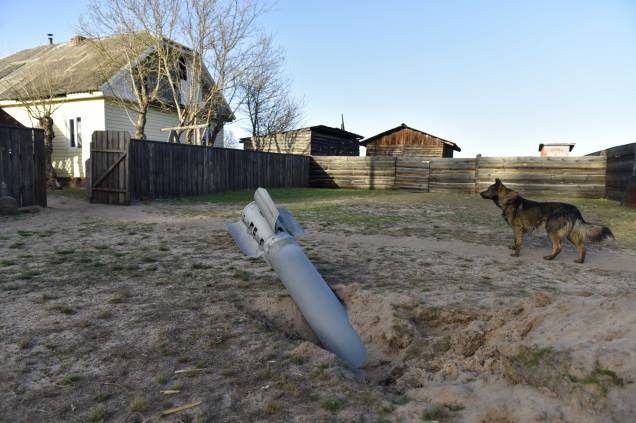 Um cachorro caminha ao lado de um míssil em uma aldeia ao norte de Kiev , Ucrânia, 14 de abril de 2022. Um cachorro caminha ao lado de um míssil em uma aldeia ao norte de Kiev , Ucrânia, 14 de abril de 2022.