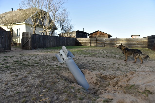 Um cachorro caminha ao lado de um míssil em uma aldeia ao norte de Kiev , Ucrânia, 14 de abril de 2022.