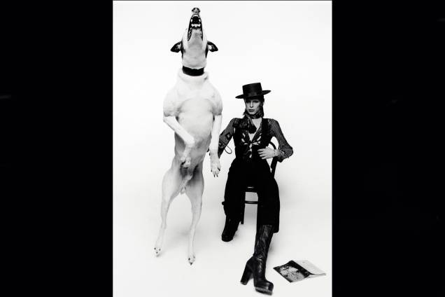 Cantor e músico inglês David Bowie, em fotografia do album "Diamond Dogs", de 1974.