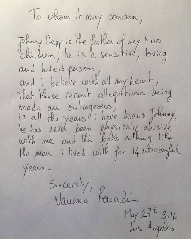 Letter written by Vanessa Paradis in defense of Johnny Depp