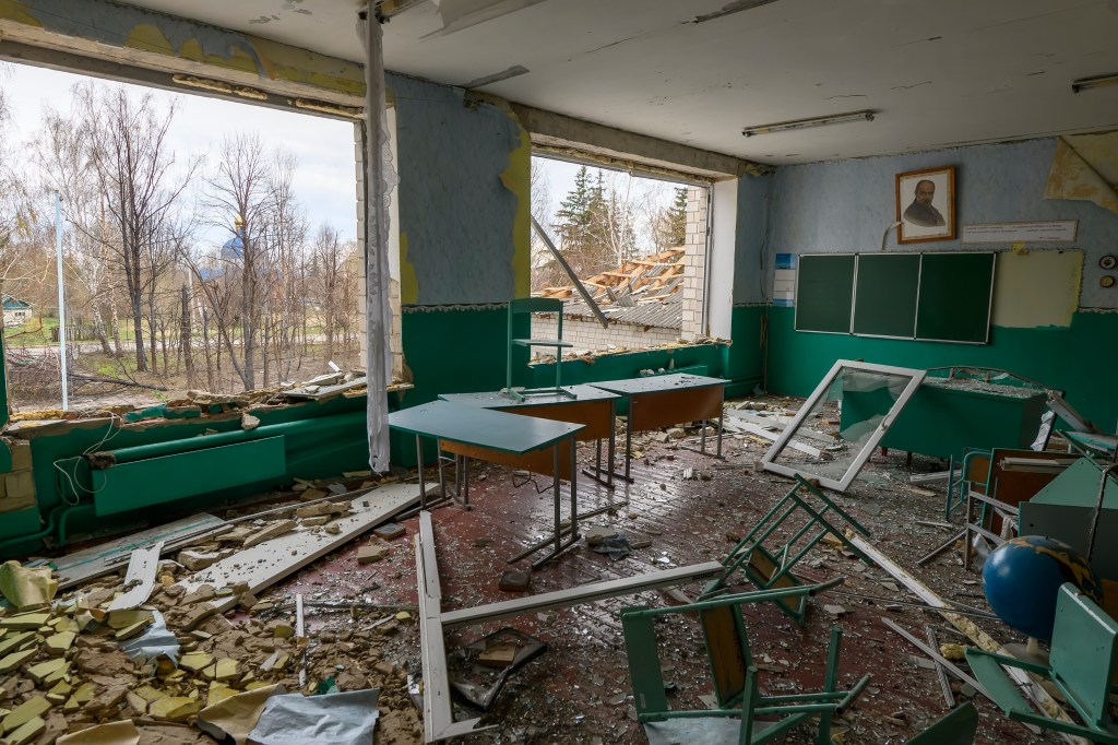 A destroyed classroom inside a school damaged by shelling russian army in the Kukhari village, Ukraine, Kyiv area, Ukraine, April 16, 2022 (Photo by Maxym Marusenko/NurPhoto via Getty Images)