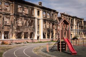 SOKOLNYKY, KHARKIV, UKRAINE - 2022/04/22: An exterior view of a destroyed school in northeast Kharkiv. A school that used to be occupied by Russian soldiers is now in Ukraine's hands, as Ukrainian troops have recaptured the area. (Photo by Alex Chan Tsz Yuk/SOPA Images/LightRocket via Getty Images)
