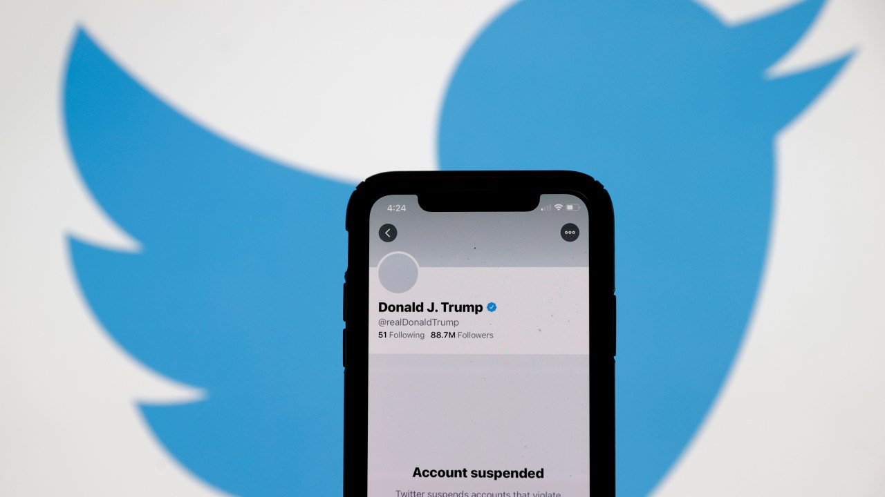 SAN ANSELMO, CALIFORNIA - JANUARY 08: The suspended Twitter account of U.S. President Donald Trump appears on an iPhone screen on January 08, 2021 in San Anselmo, California. Citing the risk of further incitement of violence following an attempted insurrection on Wednesday, Twitter permanently suspended President Donald Trump’s account. (Photo Illustration by Justin Sullivan/Getty Images)
