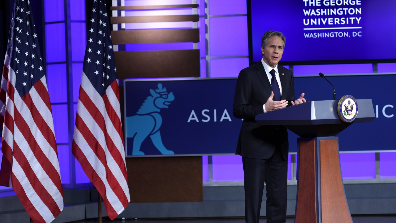 WASHINGTON, DC - MAY 26: U.S. Secretary of State Antony Blinken speaks on China at Jack Morton Auditorium of George Washington University May 26, 2022 in Washington, DC. Blinken delivered a speech on the Biden administration’s policy toward China during the event hosted by the Asia Society Policy Institute. (Photo by Alex Wong/Getty Images)