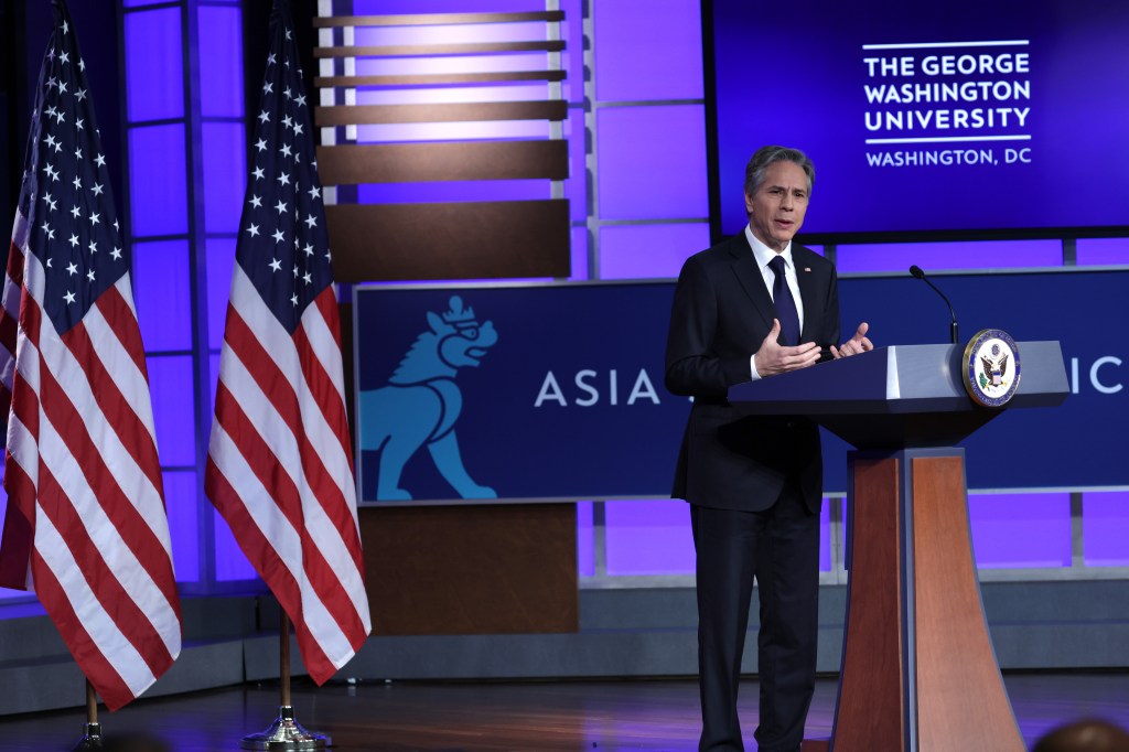 WASHINGTON, DC - MAY 26: U.S. Secretary of State Antony Blinken speaks on China at Jack Morton Auditorium of George Washington University May 26, 2022 in Washington, DC. Blinken delivered a speech on the Biden administration’s policy toward China during the event hosted by the Asia Society Policy Institute. (Photo by Alex Wong/Getty Images)