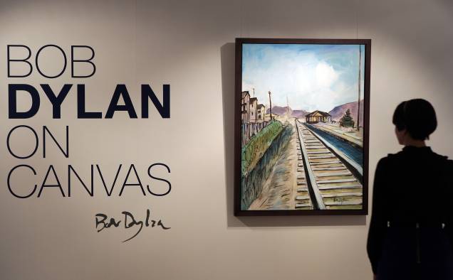 Uma pintura de Bob Dylan intitulada 'Train Tracks .2' é exibida na Halcyon Gallery -