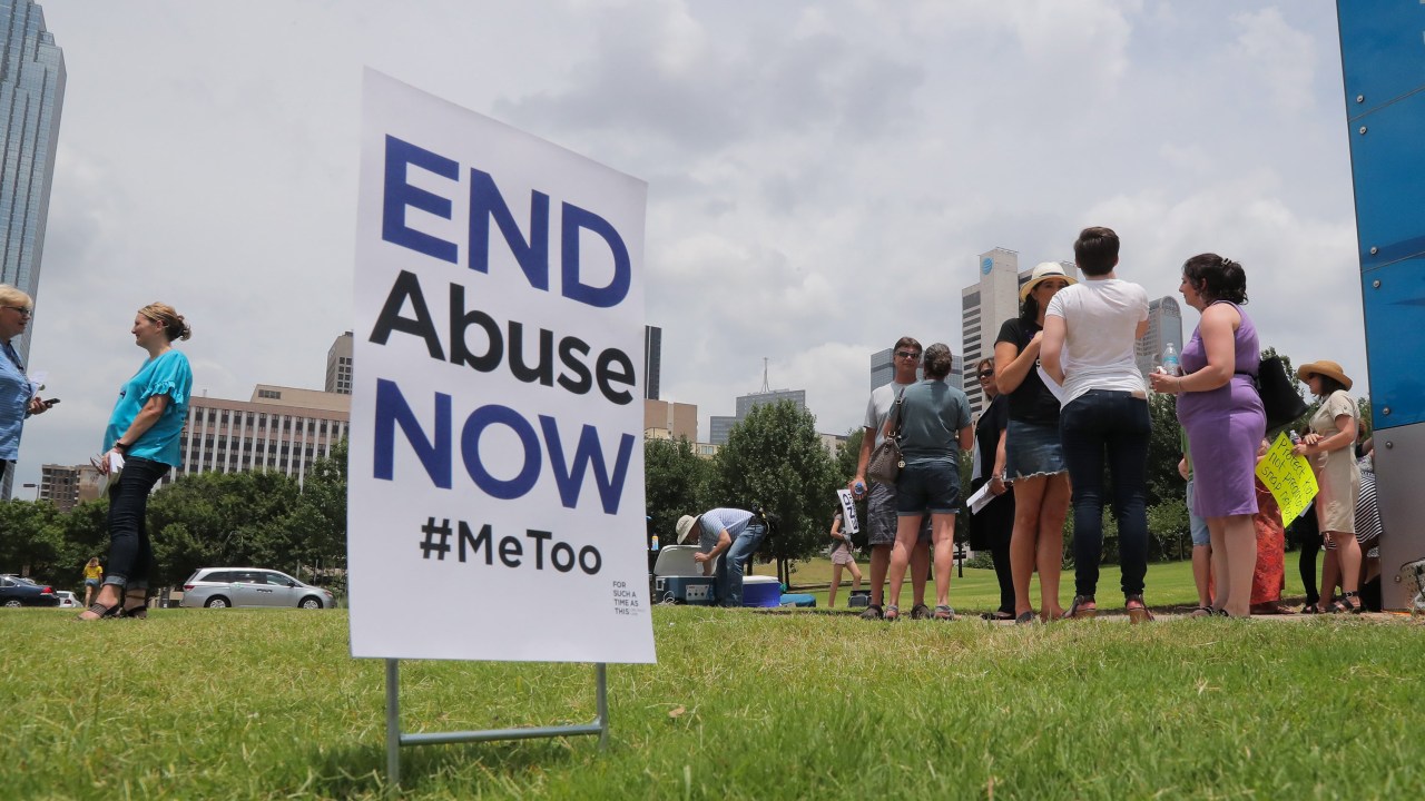 A small group of protesters fighting various forms of abuse within the church engage passersby outside at the Southern Baptist Convention meeting on Tuesday, June 12, 2018 in Dallas, Texas. (Rodger Mallison/Fort Worth Star-Telegram/Tribune News Service via Getty Images)