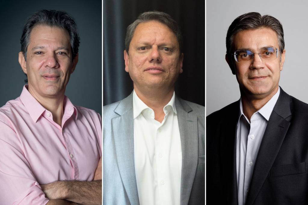 Os pré-candidatos ao governo de São Paulo: Fernando Haddad (PT), Tarcísio de Freitas (Republicanos) e Rodrigo Garcia (PSDB) -