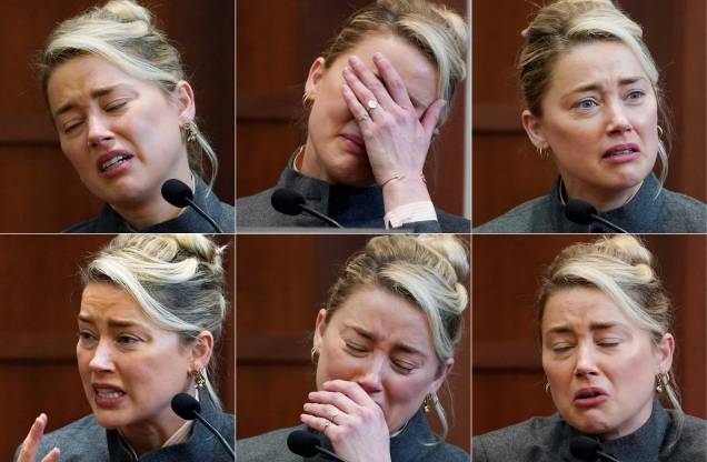 Combinação de fotos da atriz norte-americana Amber Heard testemunhando contra o Ator Johnny Depp, seu ex-marido, no Tribunal do Condado de Fairfax em Fairfax, Virgínia.