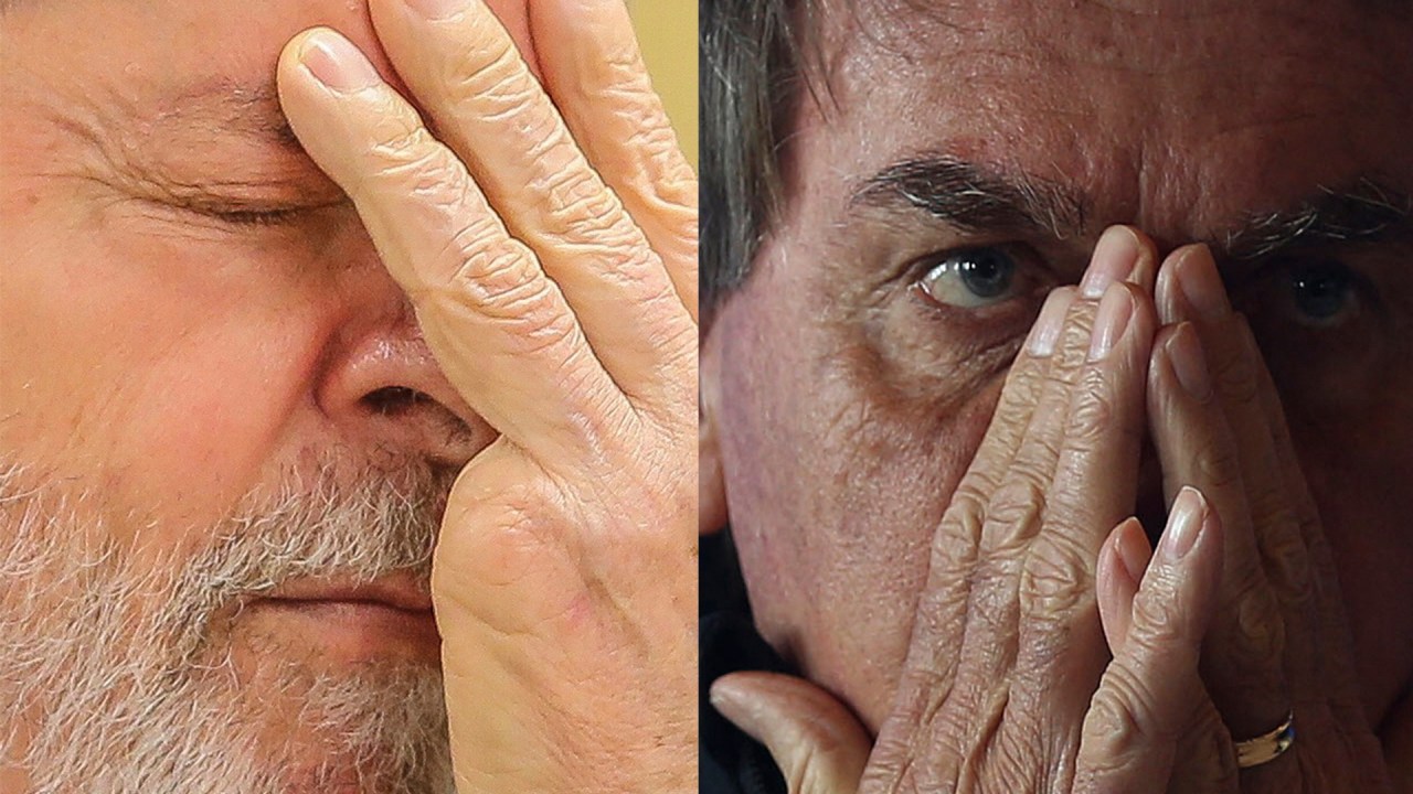 Lula e Bolsonaro, ambos com as mãos no rosto