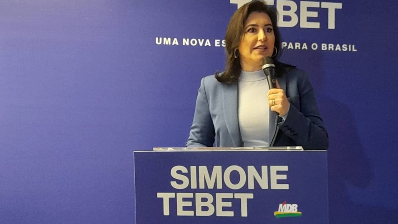 A senadora Simone Tebet (MDB-MS) em seu primeiro pronunciamento após ter seu nome confirmado como presidenciável pelo seu partido e pelo Cidadania