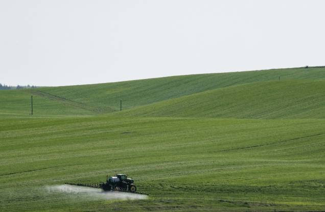 Um trator pulverizando uma plantação em Bilohorivka, leste da Ucrânia, em 3 de maio de 2022. -