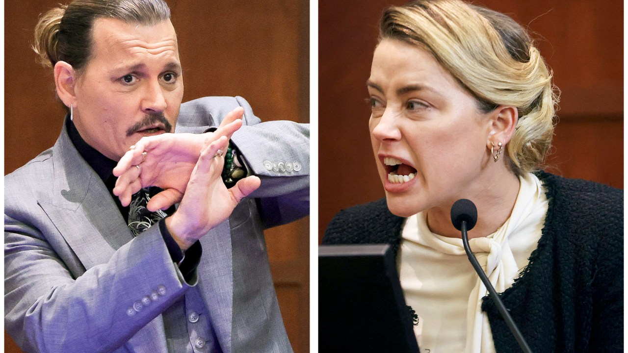 Imagens de Johnny Depp e Amber Heart captadas durante os depoimentos de ambos no julgamento do processo aberto pelo ator de calúnia e difamação contra Heart.