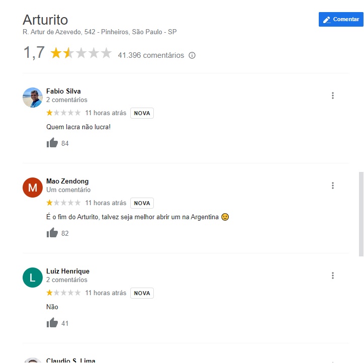 Comentários do restaurante no Google