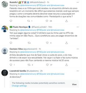 Comentários na página do Twitter de Daniela Mercury