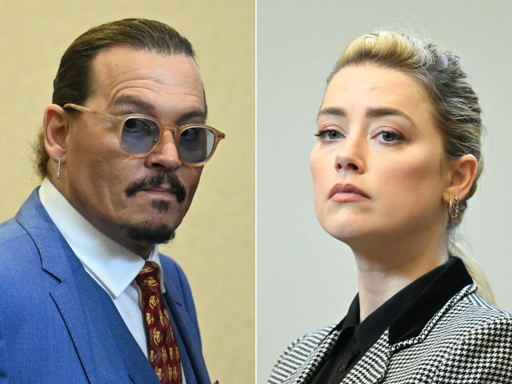 (COMBO) This combination of pictures created on June 1, 2022 shows US Actor Johnny Depp (L) attending the trial at the Fairfax County Circuit Courthouse in Fairfax, Virginia, on May 24, 2022 and US actress Amber Heard looking on in the courtroom at the Fairfax County Circuit Courthouse in Fairfax, Virginia, on May 24, 2022. - US actress Amber Heard said she was disappointed "beyond words" on June 1, 2022 after a jury found she had made defamatory claims of abuse against her ex-husband Johnny Depp, calling it a "setback" for women. (Photo by JIM WATSON / POOL / AFP)