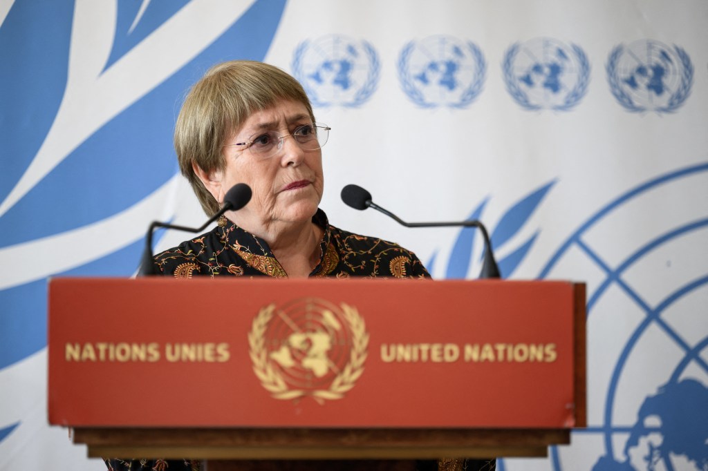 United Nations High Commissioner for Human Rights Michelle Bachelet addresses the press on the opening day of the 50th session of the UN Human Rights Council, in Geneva on June 13, 2022. - UN rights chief Michelle Bachelet announced that she will not seek a second term, ending months of speculation about her intentions and amid growing criticism of her lax stance on rights abuses in China. (Photo by Fabrice COFFRINI / AFP)