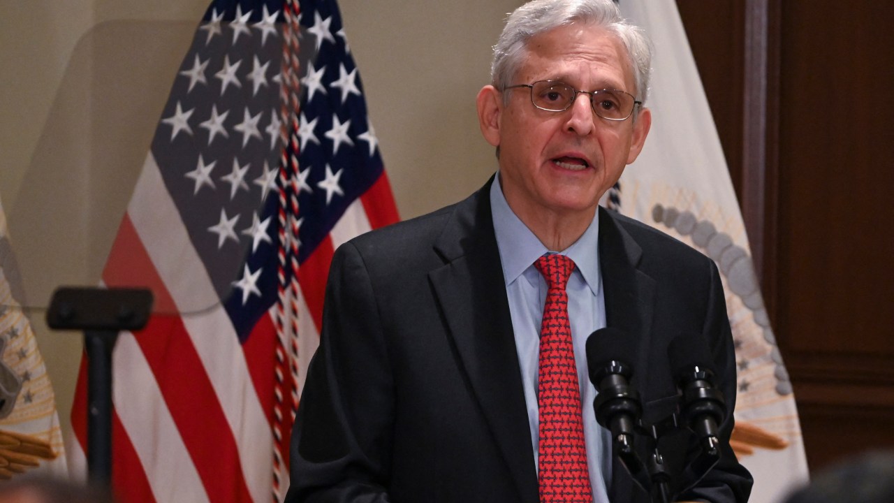 (FILES) In this file photo taken on June 16, 2022 the US Attorney General Merrick Garland, speaks during the Online Harassment and Abuse Task Force announcement at at The Eisenhower Executive Office Building in Washington, DC. - US Attorney General Merrick Garland was visiting Ukraine on June 21, 2022to discuss prosecution of individuals involved in war crimes in the European nation invaded by Russia in late February, a Justice Department official said. (Photo by ROBERTO SCHMIDT / AFP)