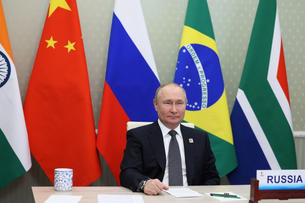 Russian President Vladimir Putin takes part in the XIV BRICS summit in virtual format via a video call, in Moscow, on June 23, 2022. (Photo by Mikhail Metzel / SPUTNIK / AFP)