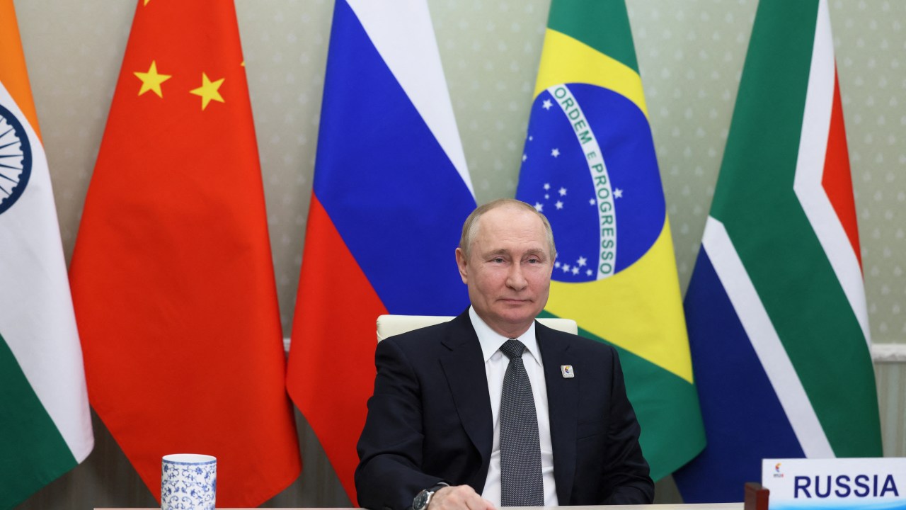 Russian President Vladimir Putin takes part in the XIV BRICS summit in virtual format via a video call, in Moscow, on June 23, 2022. (Photo by Mikhail Metzel / SPUTNIK / AFP)