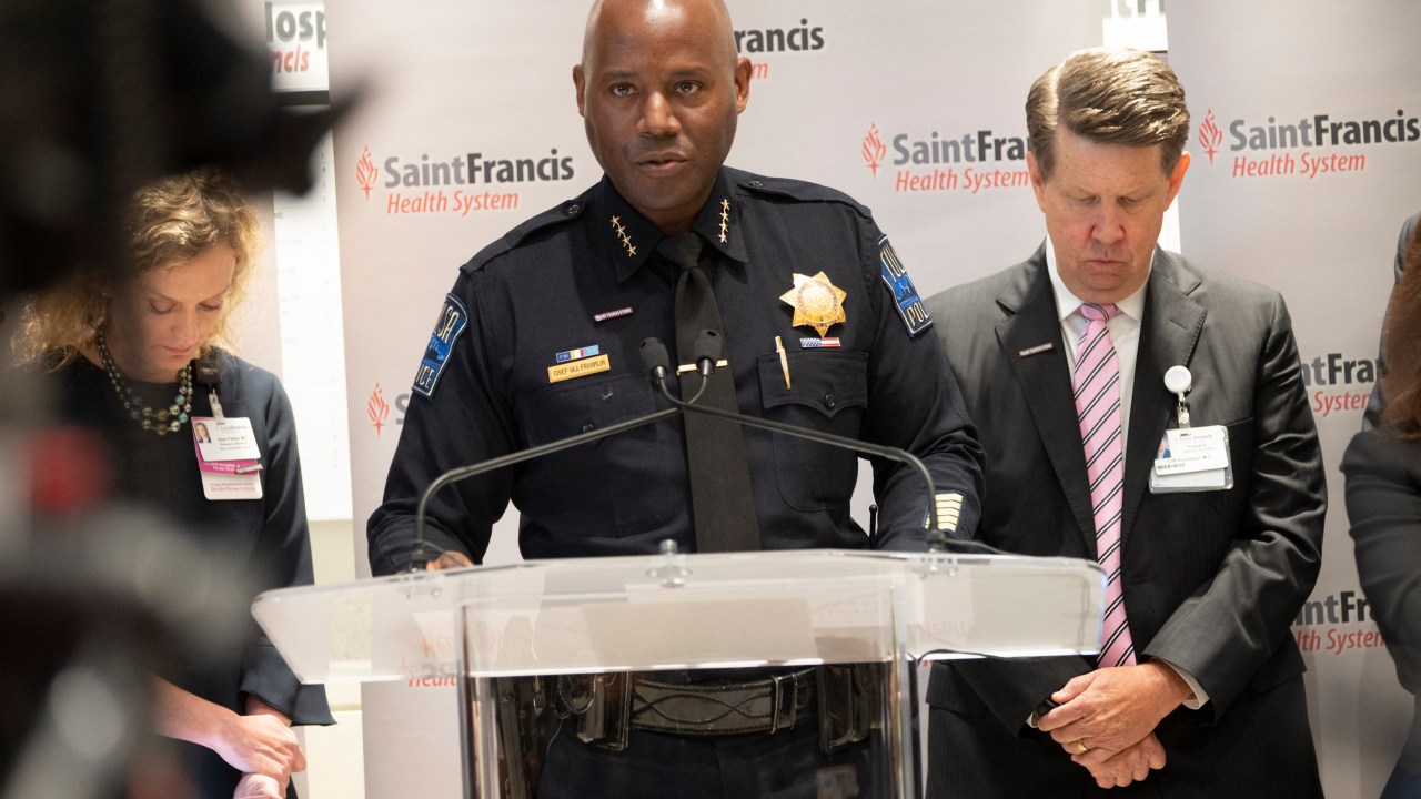 TULSA, OK - JUNE 02: Tulsa Police Chief Wendell Kennedy holds a press conference at Saint Francis Hospital on June 2, 2022 in Tulsa, Oklahoma. A gunman killed four people in a mass shooting at the Natalie Medical Building on the hospital's campus yesterday. The shooter is also dead from a self-inflicted gunshot wound, according to police. J Pat Carter/Getty Images/AFP (Photo by J Pat Carter / GETTY IMAGES NORTH AMERICA / Getty Images via AFP)
