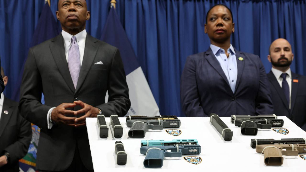 NEW YORK, NEW YORK - JUNE 29: New York City Mayor Eric Adams and New York City Police Commissioner Keechant Sewell attend a news conference with New York Attorney General Letitia James and others to announce a new lawsuit against "ghost gun" distributors on June 29, 2022 in New York City. The city's lawsuit is against 10 distributors of gun components which are used in the illegal, and largely untraceable "ghost guns" that have significantly contributed to the violence on the streets of New York City. Spencer Platt/Getty Images/AFP (Photo by SPENCER PLATT / GETTY IMAGES NORTH AMERICA / Getty Images via AFP)