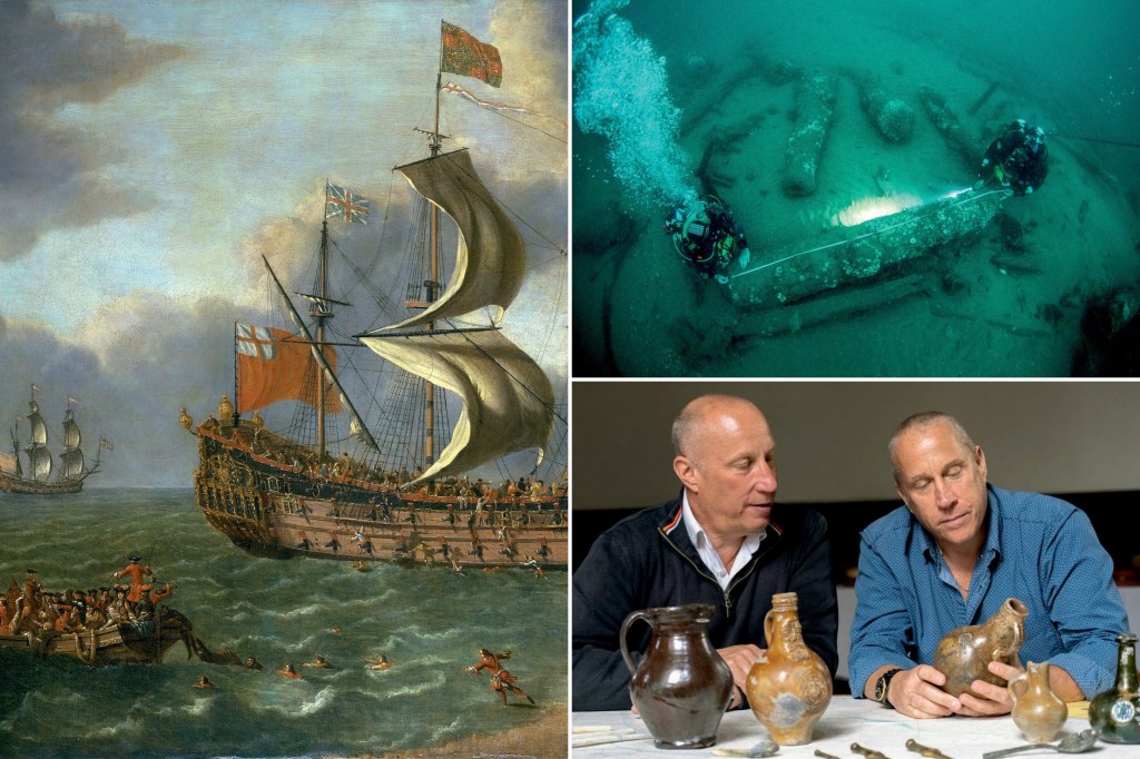 FRAGATA REAL - Relíquias: ao lado, uma pintura retrata o naufrágio histórico. No alto, imagens dos canhões da embarcação. Acima, os irmãos Barnwell e alguns objetos trazidos à tona -