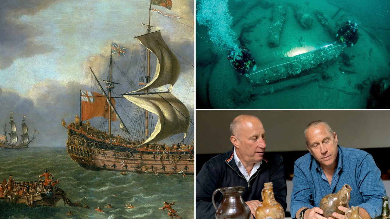 FRAGATA REAL - Relíquias: ao lado, uma pintura retrata o naufrágio histórico. No alto, imagens dos canhões da embarcação. Acima, os irmãos Barnwell e alguns objetos trazidos à tona -