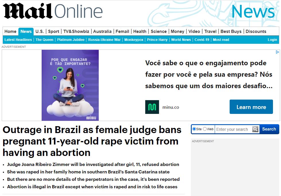 Reportagem do jornal britânico 'Daily Mail' sobre a menina que foi estuprada e engravidou aos dez anos de idade