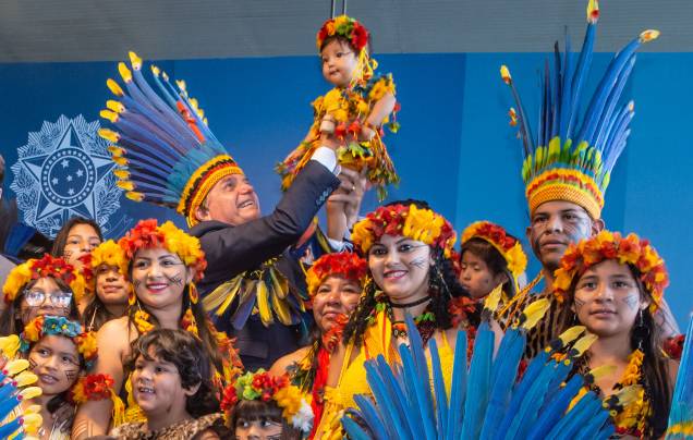 Presidente Jair Bolsonaro, durante encontro com Povos Indígenas no Ministério da Justiça em Brasília, 26/05/2022. Presidente Jair Bolsonaro, durante encontro com Povos Indígenas no Ministério da Justiça em Brasília, 26/05/2022.