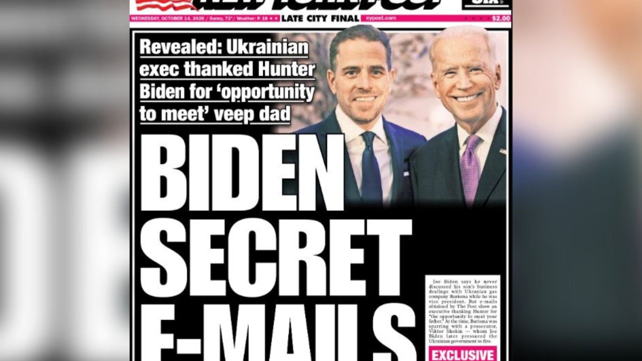 Capa do jornal News York Post, dos Estados Unidos, em 14 de outubro de 2020, com Hunter e Joe Biden em destaque -