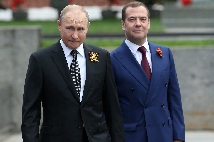 O presidente russo, Vladimir Putin, e o ex-primeiro-ministro do país Dmitri Medvedev - 9/05/2019 -