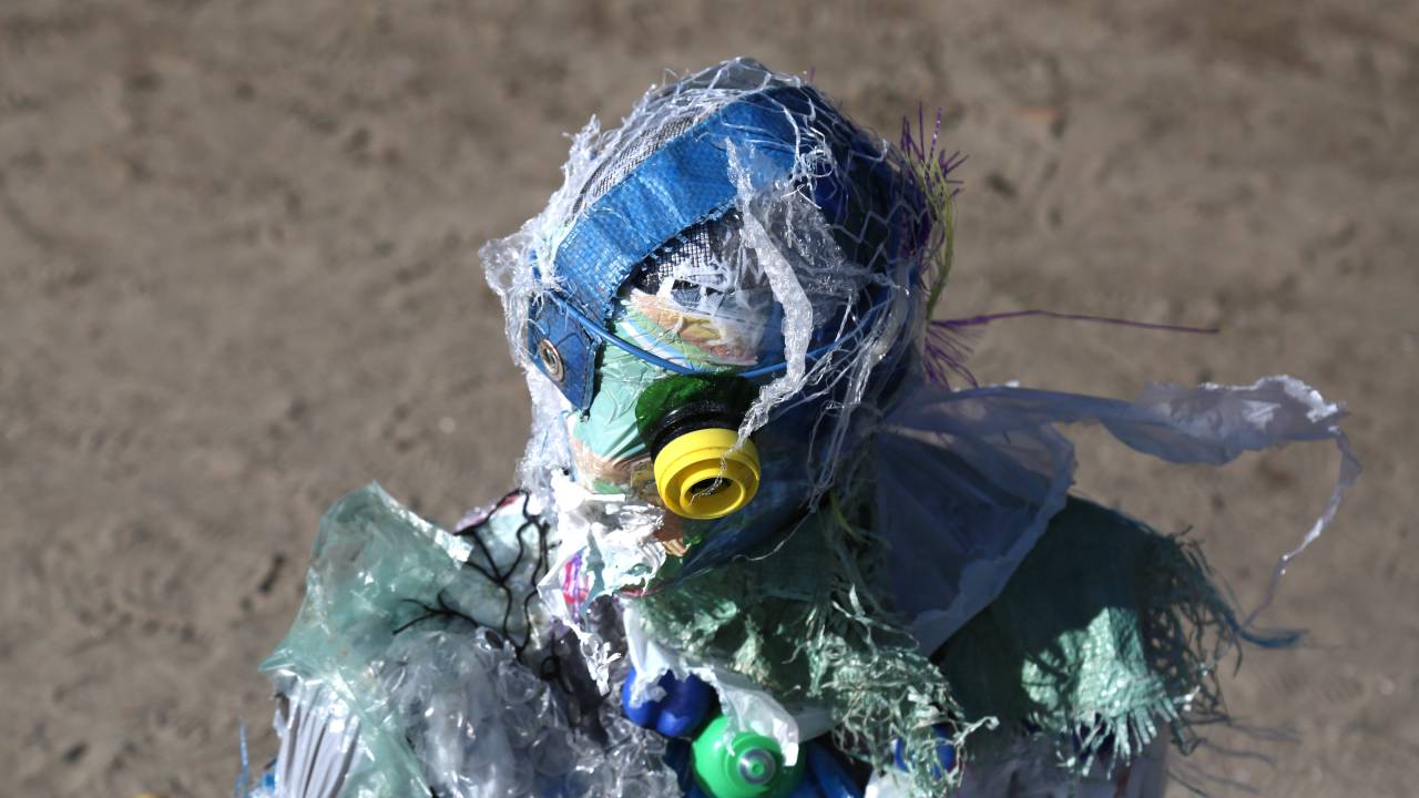 VANCOUVER, CANADA - JUNE 7 : Plastics figures, created by multidisciplinary artist, Caitlin Doherty, and made with plastics removed from Canadian shorelines, are seen at Kitsilano Beach to draw attention to plastic pollution on June 7, 2021 in Vancouver, British Columbia, Canada. (Photo by Mert Alper Dervis/Anadolu Agency via Getty Images)