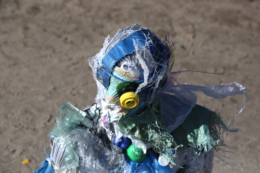 VANCOUVER, CANADA - JUNE 7 : Plastics figures, created by multidisciplinary artist, Caitlin Doherty, and made with plastics removed from Canadian shorelines, are seen at Kitsilano Beach to draw attention to plastic pollution on June 7, 2021 in Vancouver, British Columbia, Canada. (Photo by Mert Alper Dervis/Anadolu Agency via Getty Images)