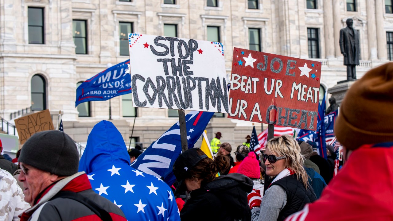 Donald Trump supporters gathered to protest against the certification of Joe Biden as the winner of the presidential election, State capitol, St. Paul, Minnesota. (Photo by: Michael Siluk/Education Images/Universal Images Group via Getty Images)