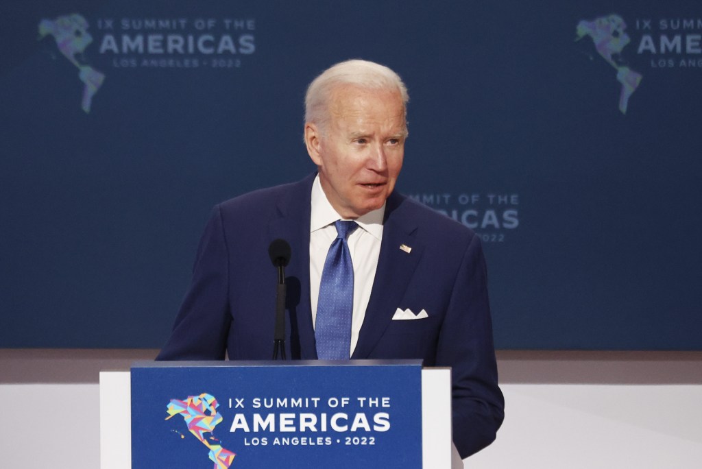 LOS ANGELES, CALIFORNIA - JUNE 09: U.S. President Joe Biden speaks during the Opening Plenary of the IX Summit of the Americas at the Los Angeles Convention Center on June 09, 2022 in Los Angeles, California. Leaders from North, Central and South America traveled to Los Angeles for the summit to discuss issues such as trade and migration. The United States is hosting the summit for the first time since 1994, when it took place in Miami. (Photo by Mario Tama/Getty Images)