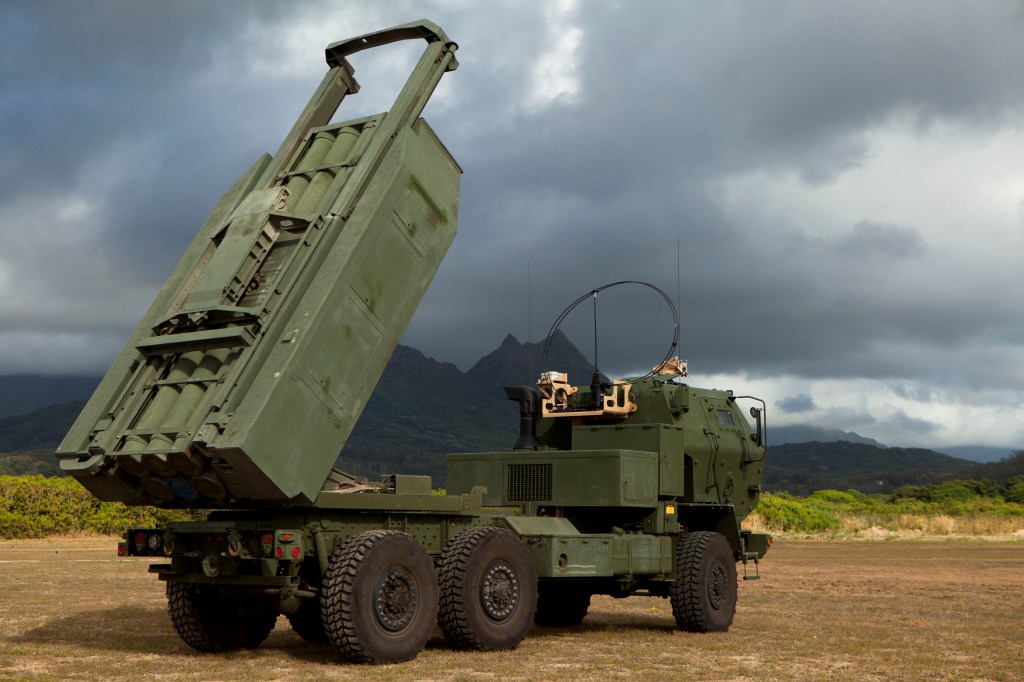 A M142 High Mobility Artillery Rocket System (HIMARS) conducts dry fire exercises in support of infantry units in simulated scenarios during Rim of the Pacific (RIMPAC) 2014 exercise at an urban operations facility at Marine Corps Base Hawaii in Kaneohe, Hawaii.