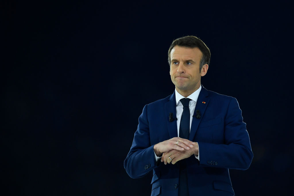 PARIS, FRANCE - APRIL 02: Emmanuel Macron adresses voters during a political meeting at Le Defense Arena on April 02, 2022 in Paris, France. On Sunday April 10 and 24, 2022, 47.9 million voters are called upon to vote to elect the next president of the Fifth French Republic. (Photo by Aurelien Meunier/Getty Images)