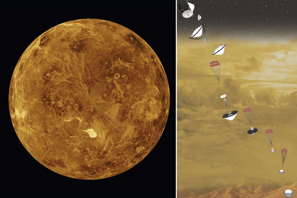 OBJETO VOADOR - Ilustração mostra como será a entrada da sonda DaVinci na inóspita superfície de Vênus (à esq.): o equipamento medirá a composição do ar e investigará se o planeta já teve oceanos -