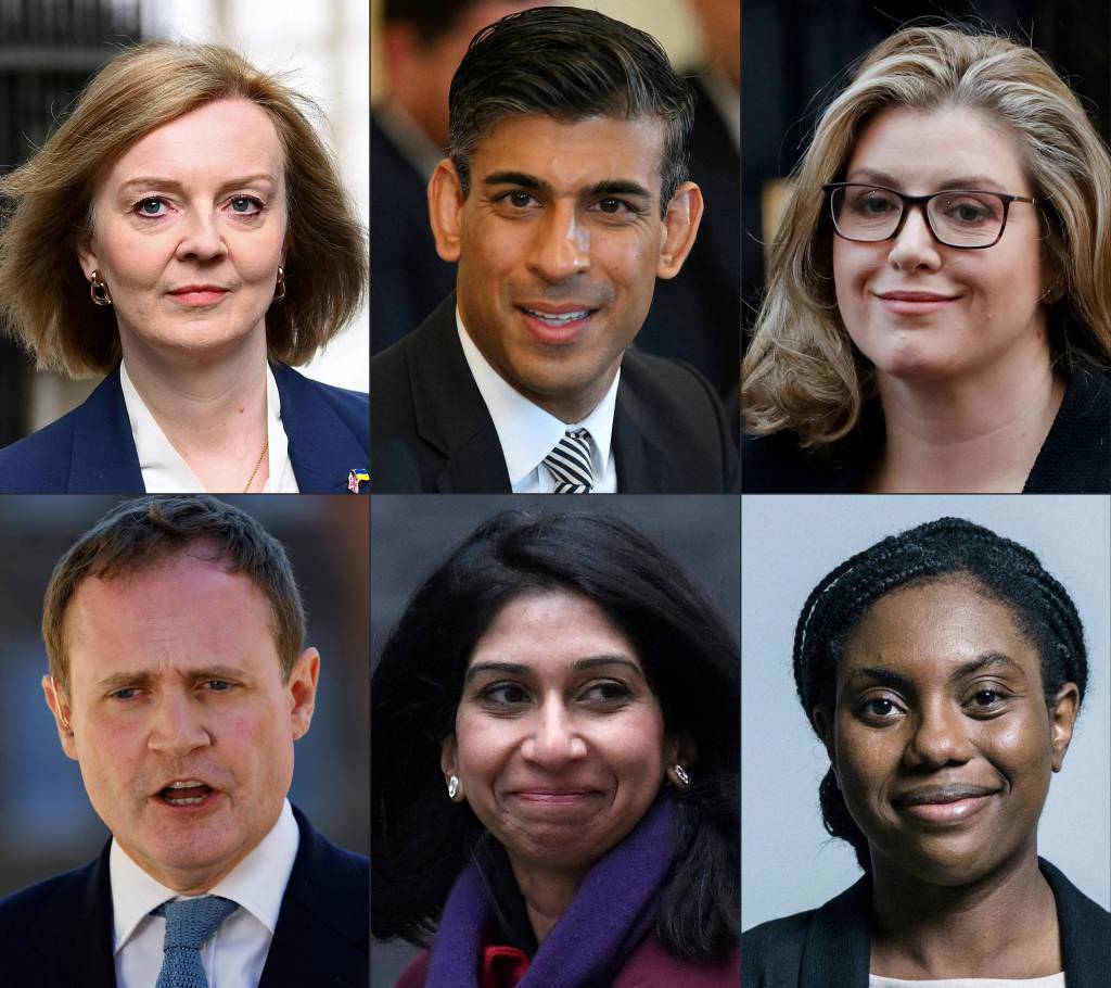 Os seis candidatos ao cargo de premiê do Reino Unido que seguem na disputa: Liz Truss; Rishi Sunak; Penny Mordaunt; Tom Tugendhat; Suella Braverman; Kemi Badenoch