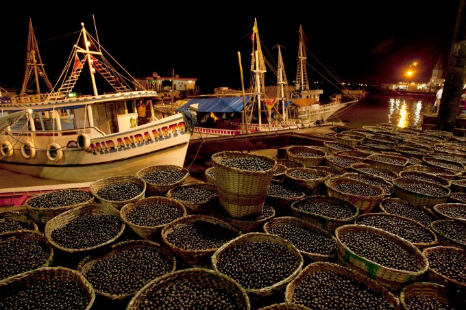 Baskets containing acai berries sit on the dock near the boats that brought them to  Ver-o-Peso market in Belem