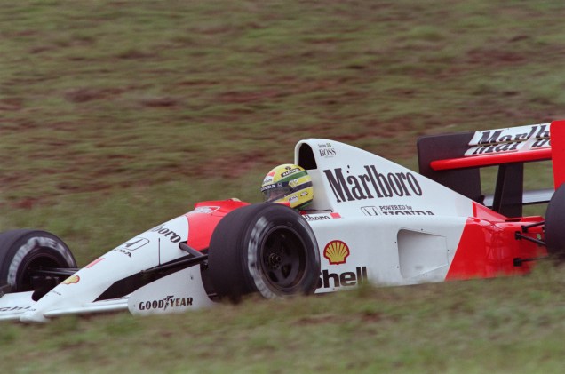 Ayrton Senna do Brasil, pilotando um Mclaren Honda, no GP de Interlagos de Fórmula 1, em São Paulo, 23/03/1991