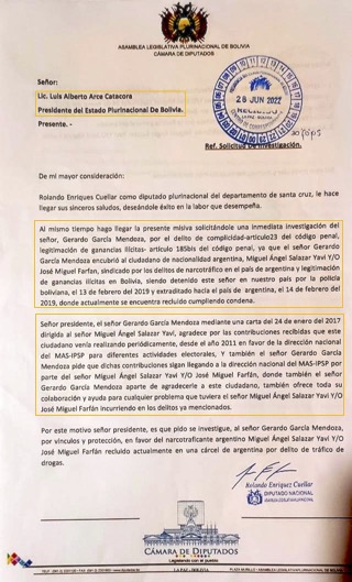 Carta Rolando Cuéllar a Luis Arce presidente Bolívia