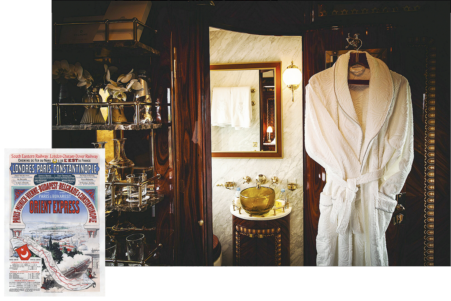 GLAMOR REVISITED - The luxurious cabin of the mythical Orient Express today and a ticket from the past: the 
