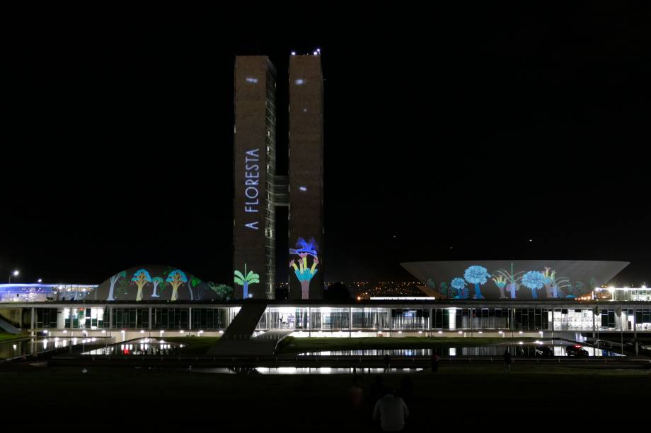 O Congresso Nacional recebe iluminação especial em celebração ao Dia dos Povos Indígenas, 19/04/2021.